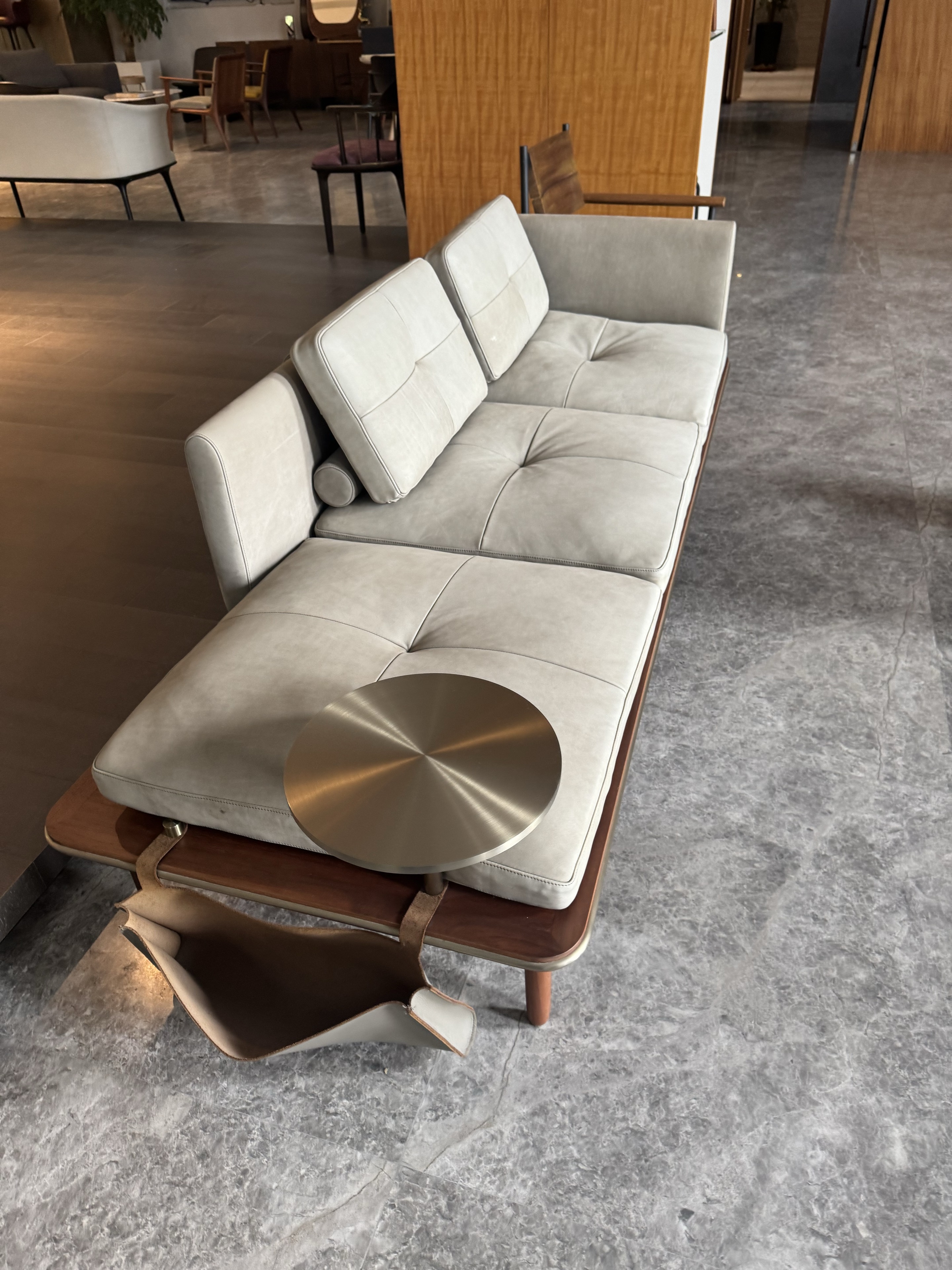 The shape and upholstery of a displayed sofa
